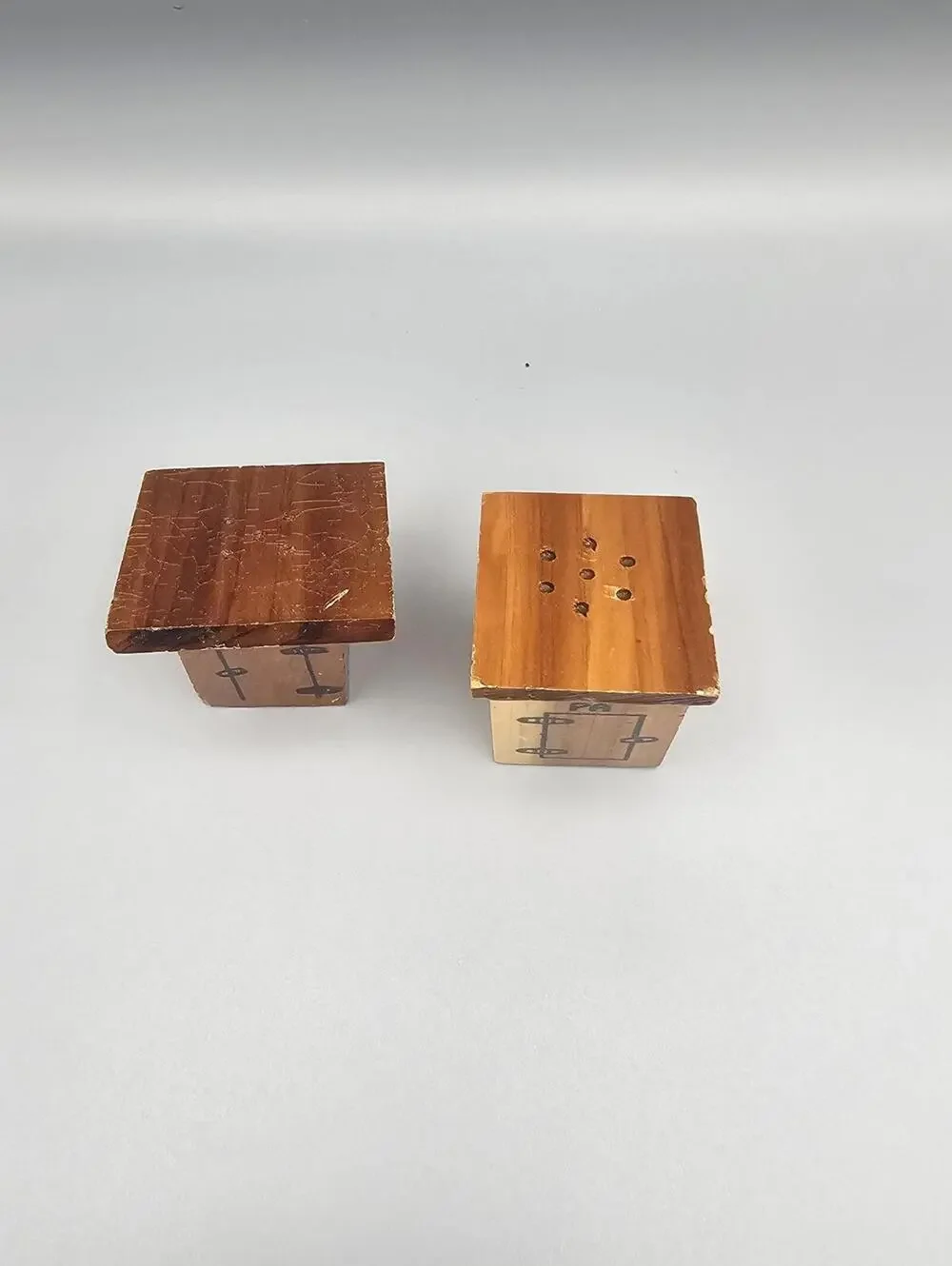 Vintage Wooden Salt and Pepper Shakers with Hand-Drawn Door Designs